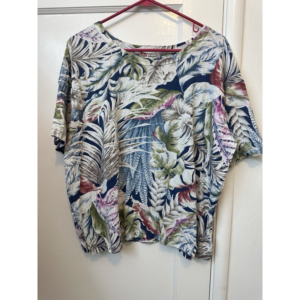 Hiloโ Hattie Hawaiian Floral Top Womens Large Blue Green Short Sleeve Rayon READ